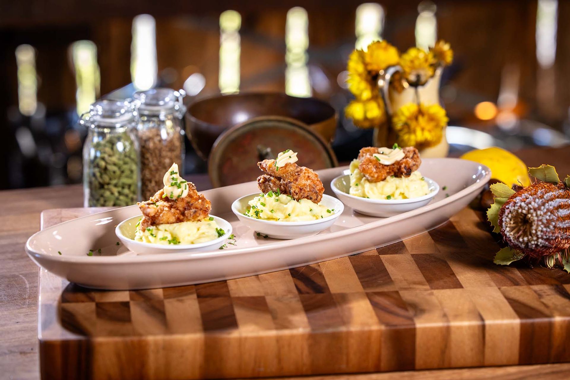 Japanese fried chicken on wasabi mash