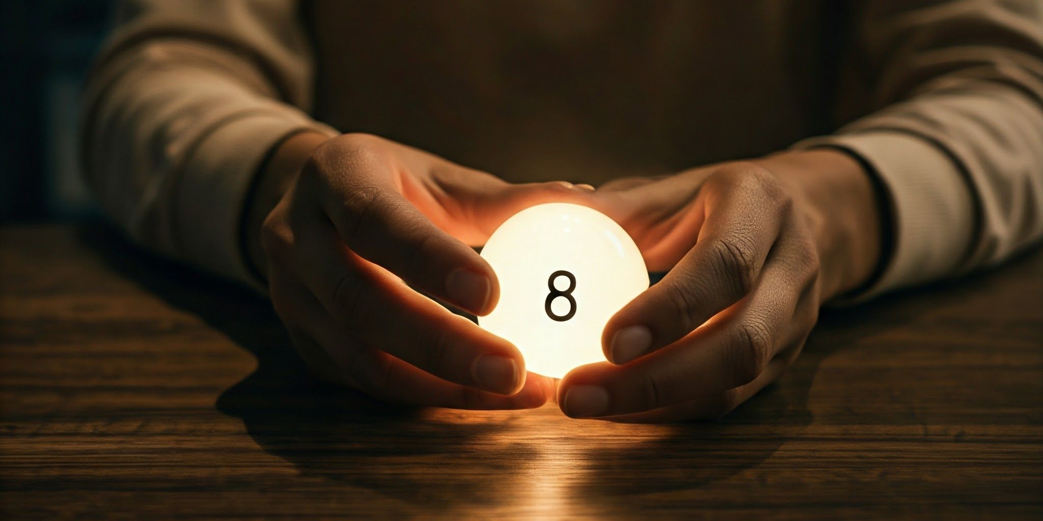 A person's hand holding a glowing Magic 8-Ball.