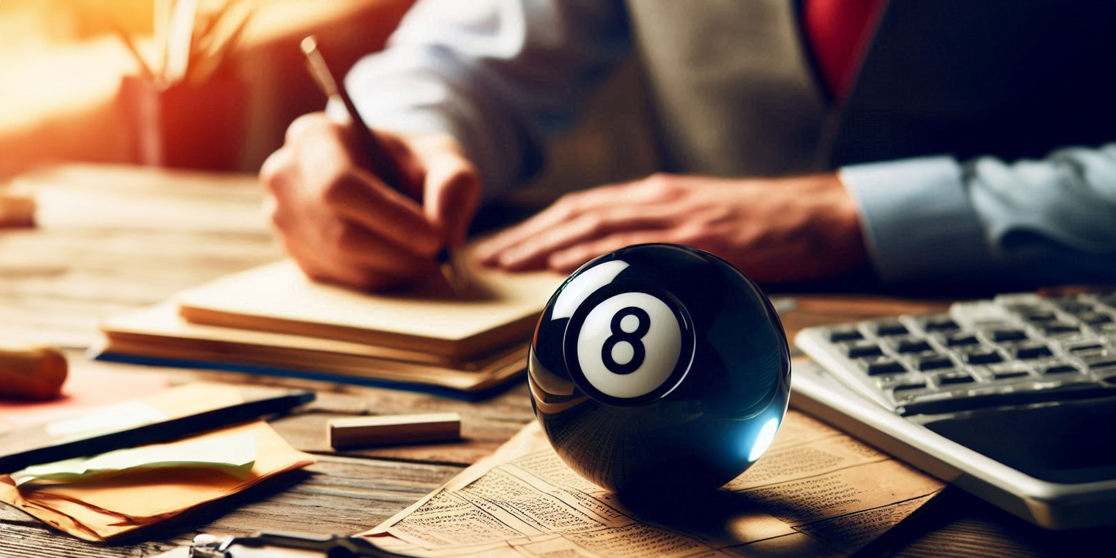 Writing an article with a magic 8-ball close by on the desk.