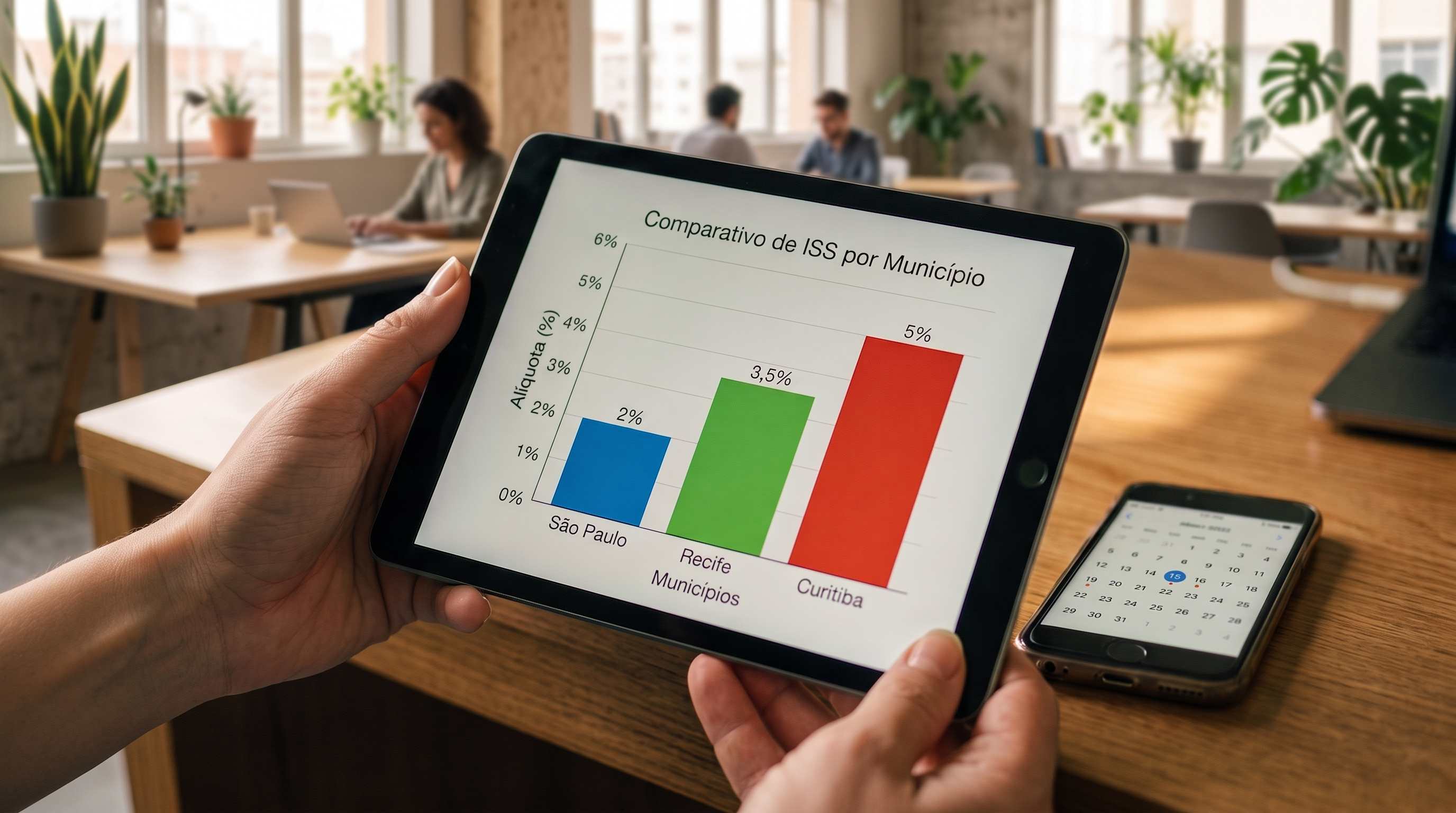 Mãos segurando um tablet com gráfico que compara a alíquota de ISS em três cidades: 2% em São Paulo, 3,5% em Recife e 5% em Curitiba