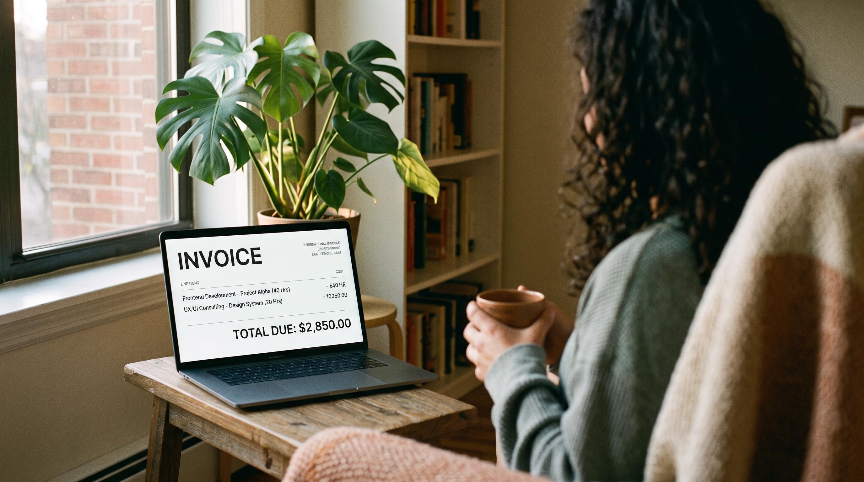 Profissional PJ confere os dados bancários de uma invoice internacional no notebook