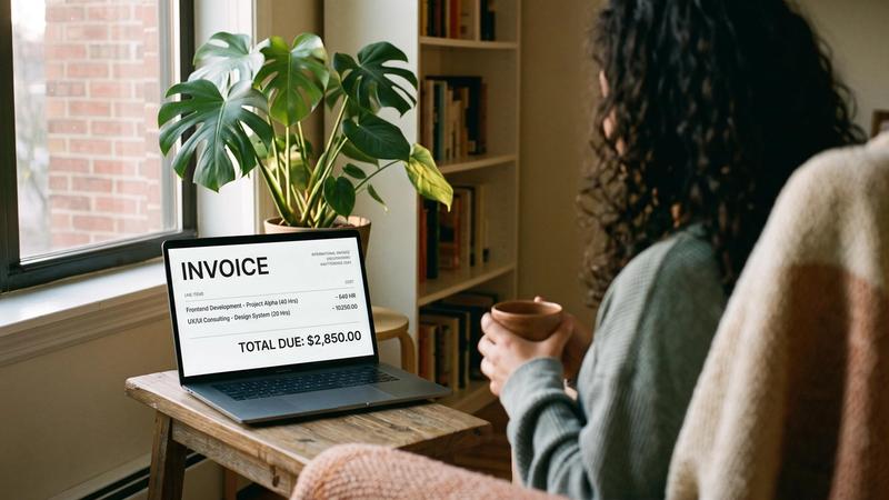 Profissional PJ confere os dados bancários de uma invoice internacional no notebook