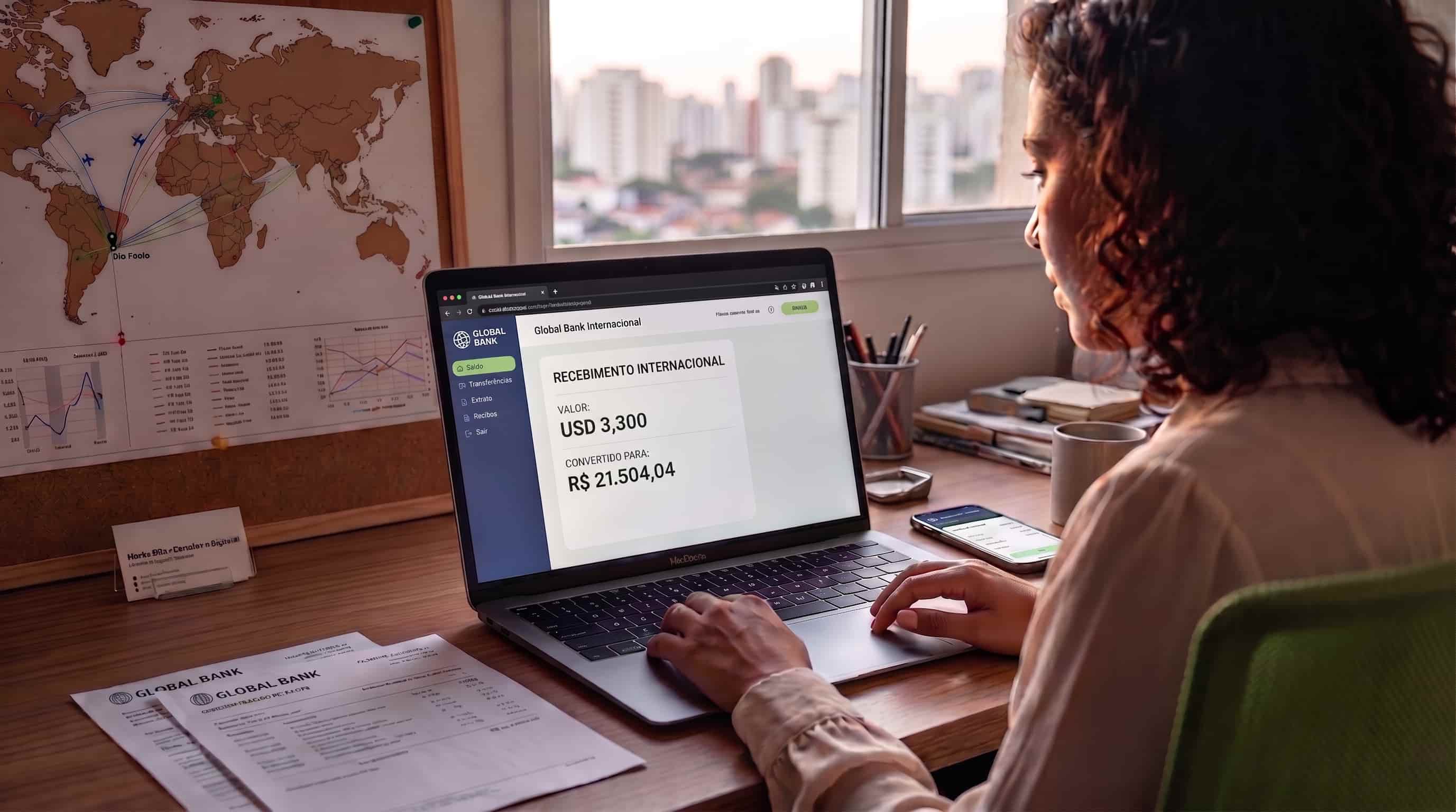 Profissional PJ conferindo no notebook o comprovante de câmbio de um pagamento recebido do exterior