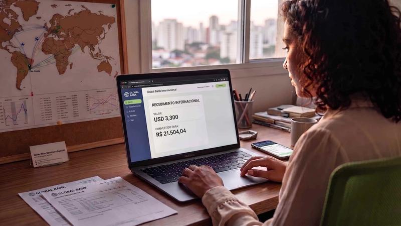 Profissional PJ conferindo no notebook o comprovante de câmbio de um pagamento recebido do exterior
