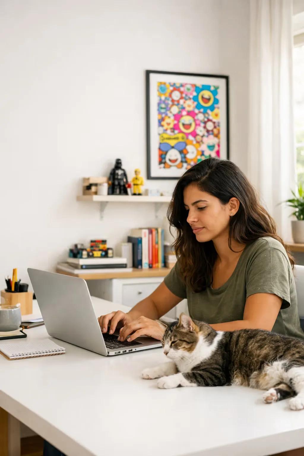 Cliente da Adaflow trabalhando no notebook em casa, com o gato deitado na mesa