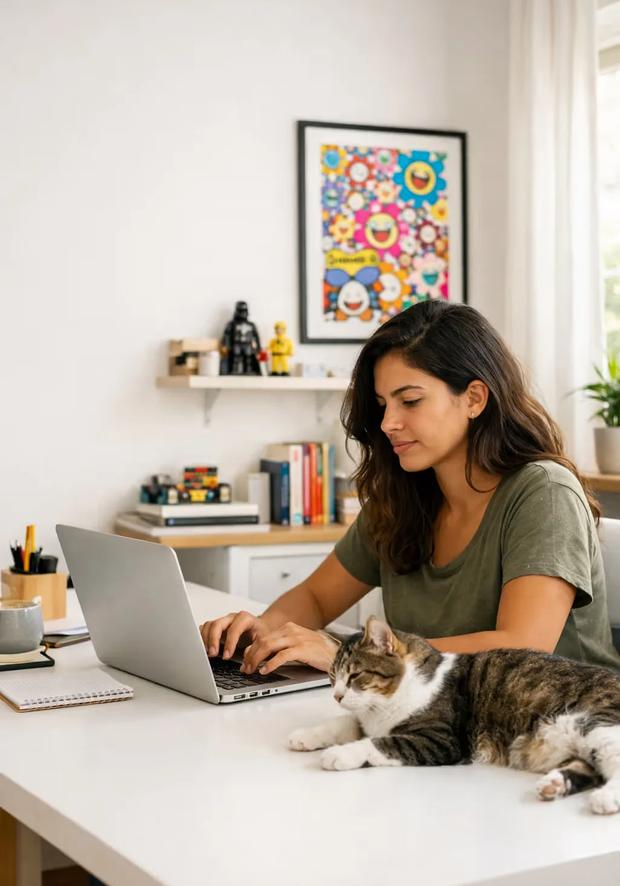 Cliente da Adaflow trabalhando no notebook em casa, com o gato deitado na mesa