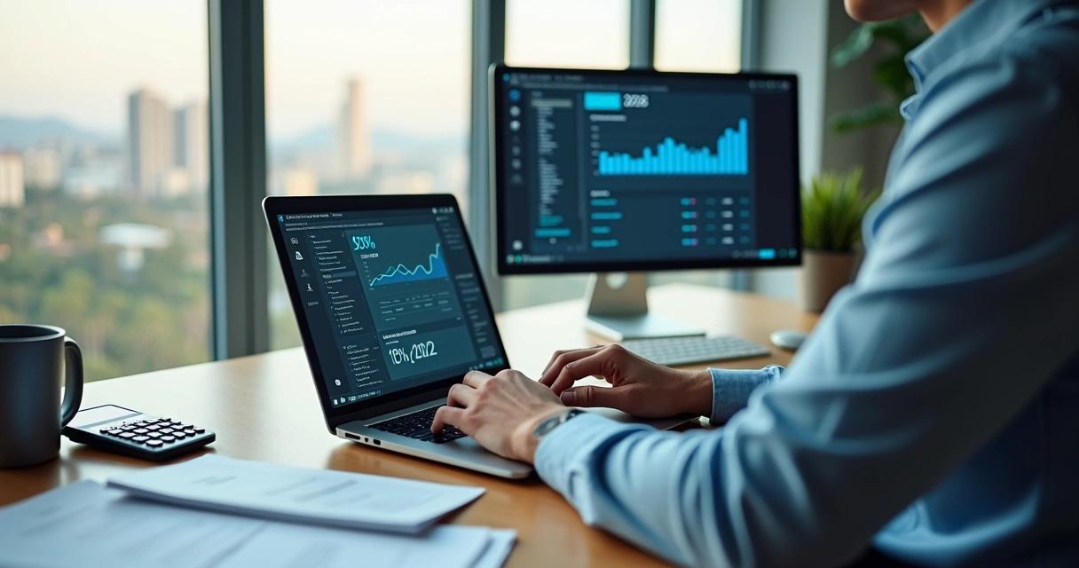 Profissional de tecnologia PJ calculando IRPF 2026 no laptop com documentos fiscais na mesa