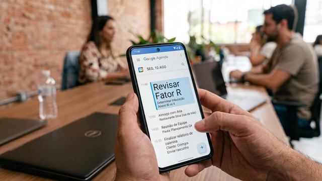 Profissional de tecnologia analisando lembrete sobre Fator R no celular