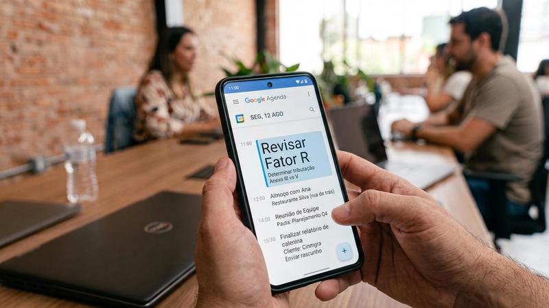 Profissional de tecnologia analisando lembrete sobre Fator R no celular