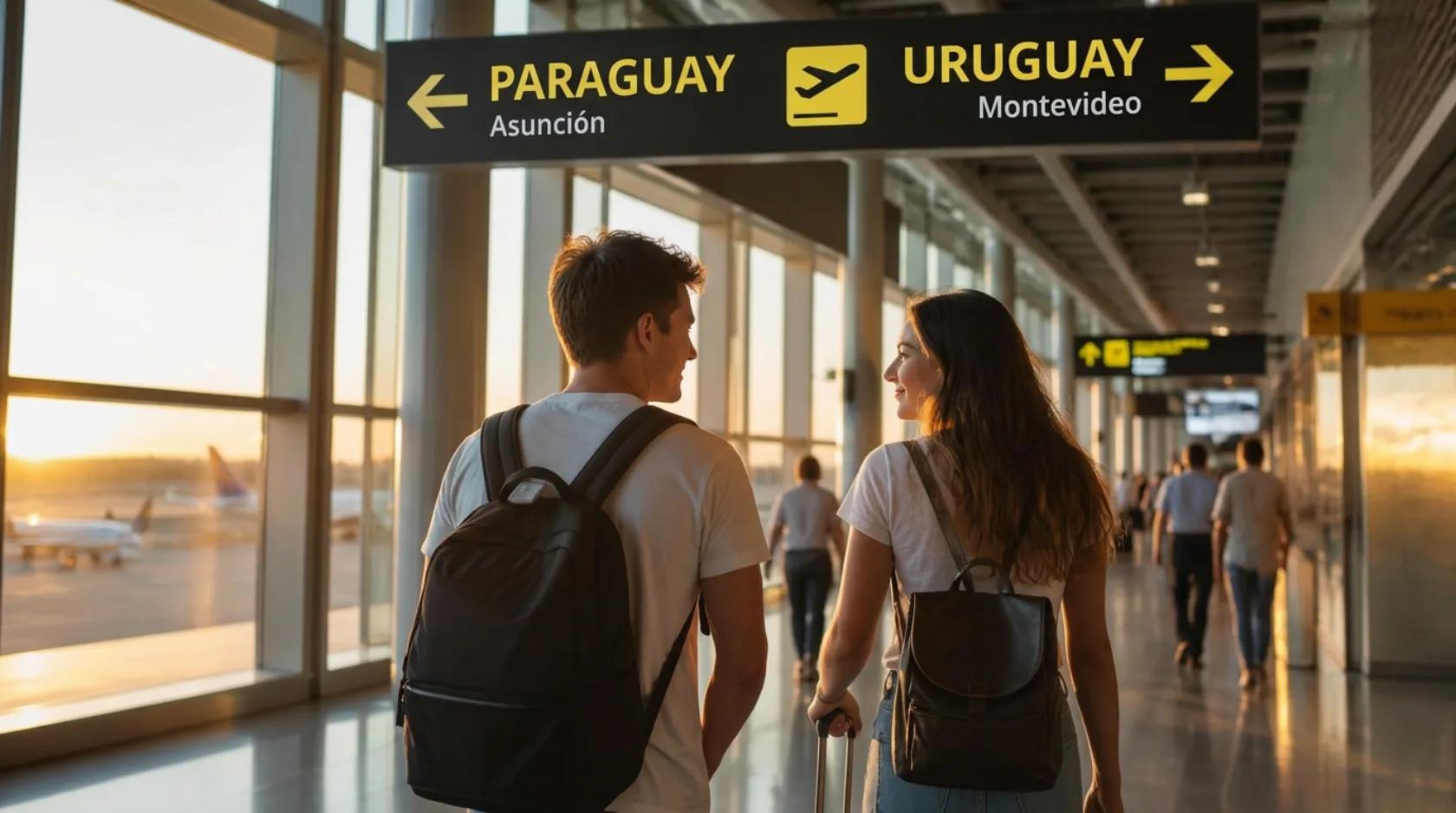 Casal caminhando em aeroporto com placas indicando Paraguai (Asunción) e Uruguai (Montevideo)