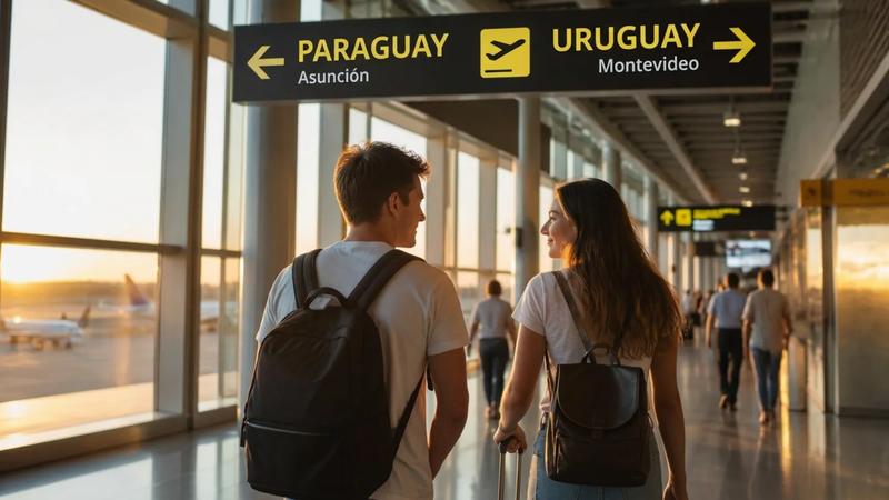 Casal caminhando em aeroporto com placas indicando Paraguai (Asunción) e Uruguai (Montevideo)