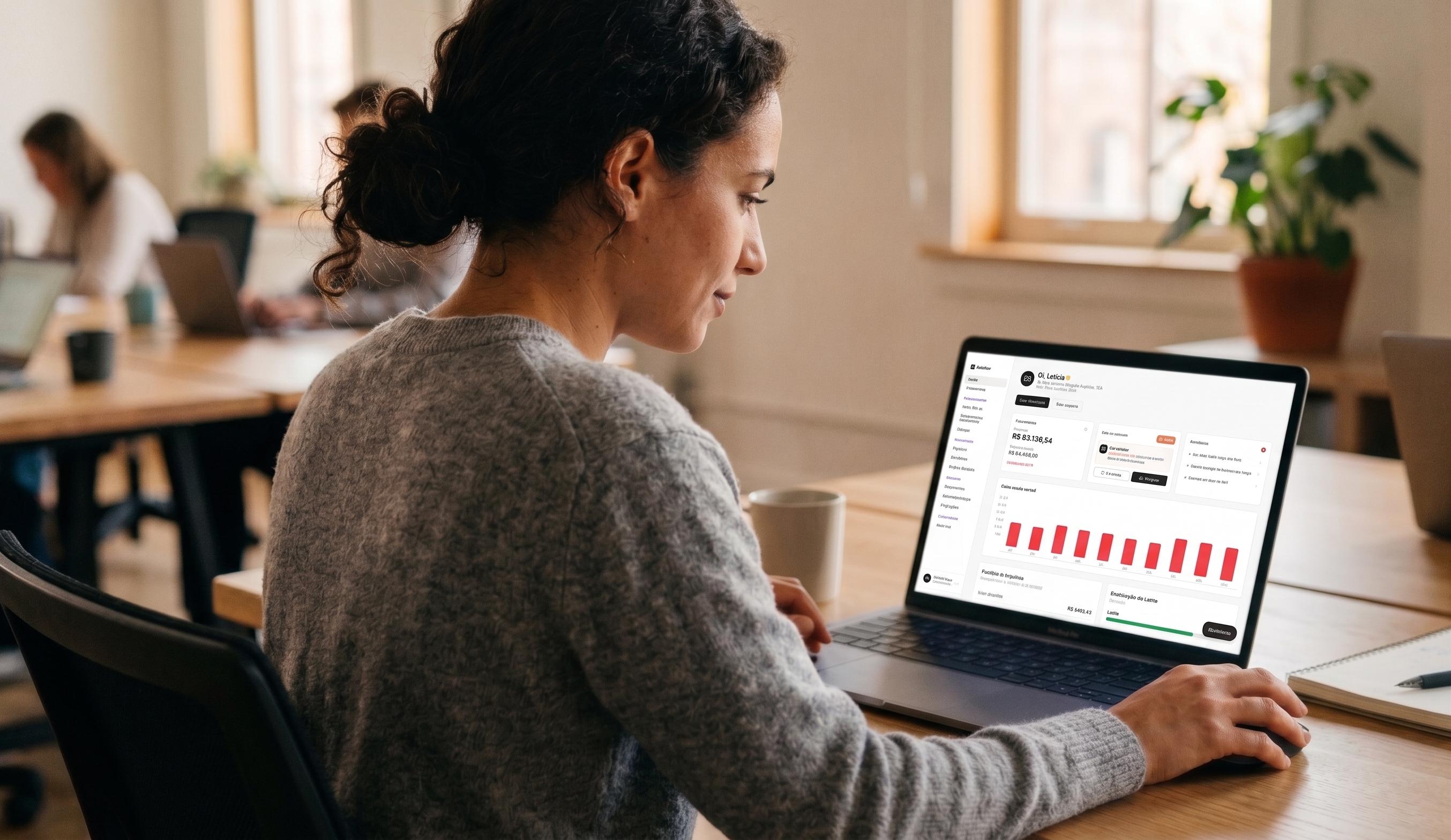 Profissional PJ tech consultando dashboard financeiro no notebook para conferir mitos e verdades sobre trocar de contador