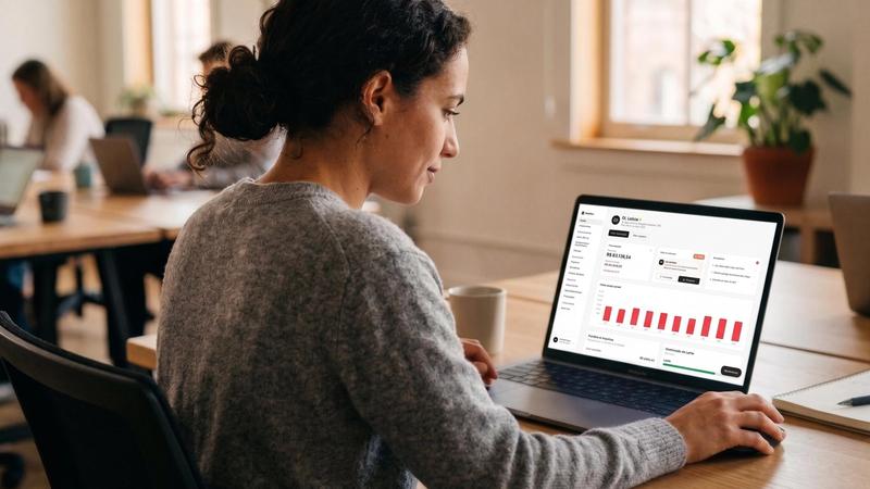 Profissional PJ tech consultando dashboard financeiro no notebook para conferir mitos e verdades sobre trocar de contador
