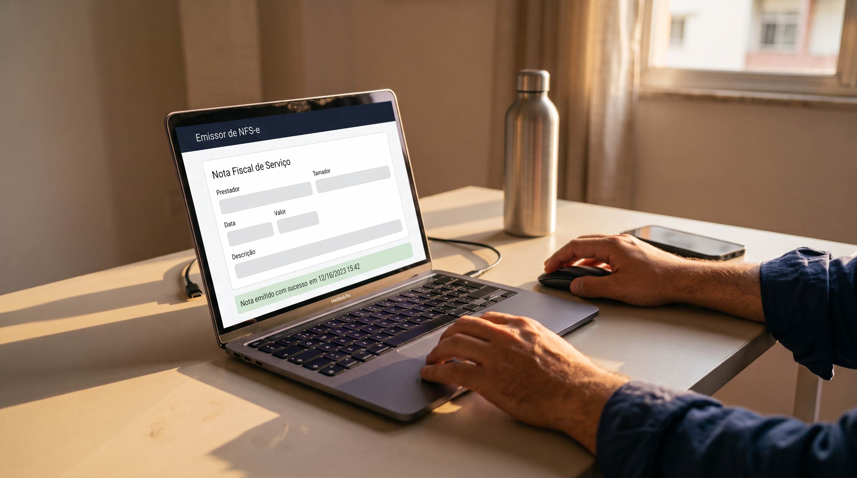 Profissional PJ emitindo nota fiscal de serviço em sistema NFS-e no notebook