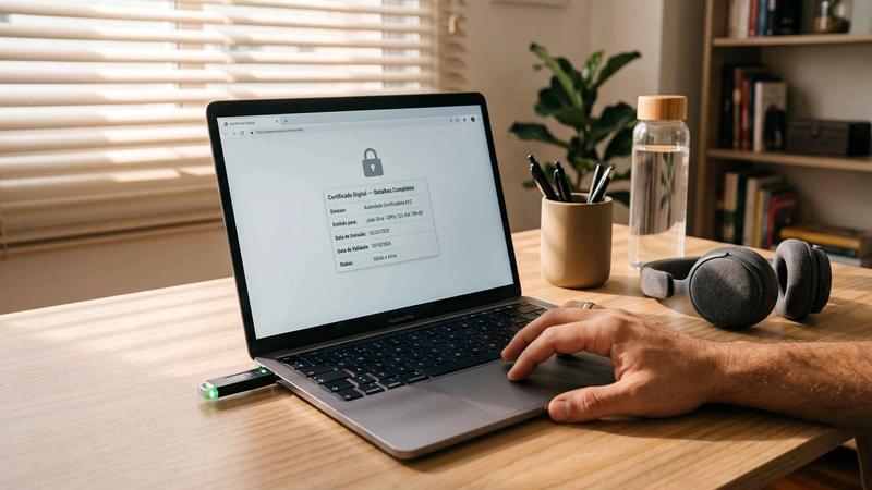 Profissional PJ emitindo certificado digital A1 pelo computador para assinar contrato e emitir nota fiscal