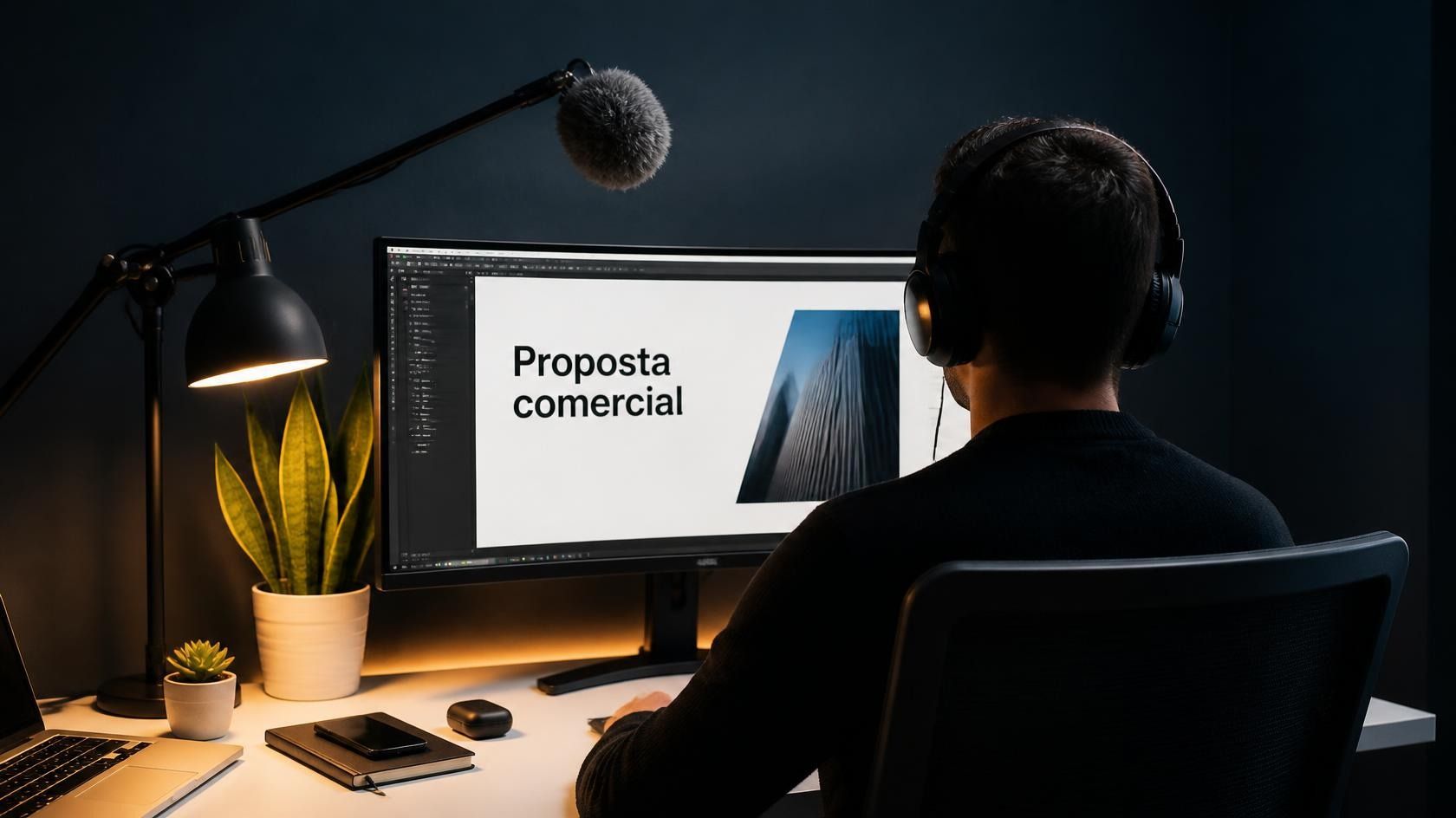 Profissional de tecnologia estruturando uma proposta comercial para cliente