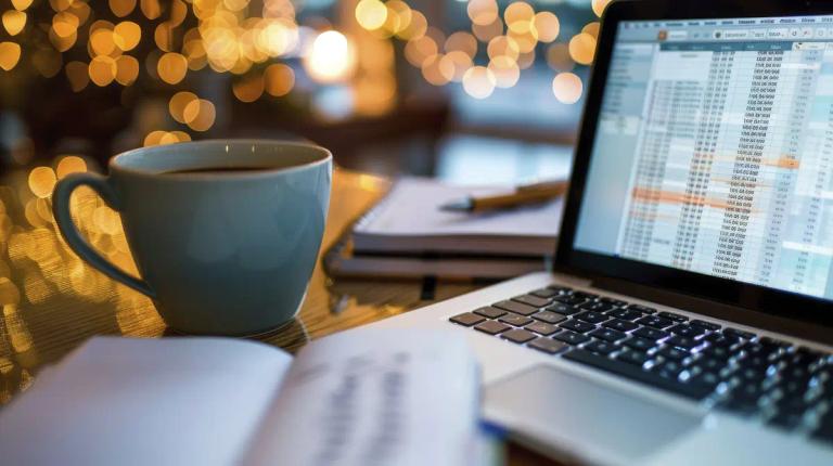 Xícara de café ao lado de cadernos e de um notebook aberto em uma planilha, sobre mesa de madeira com luzes desfocadas ao fundo