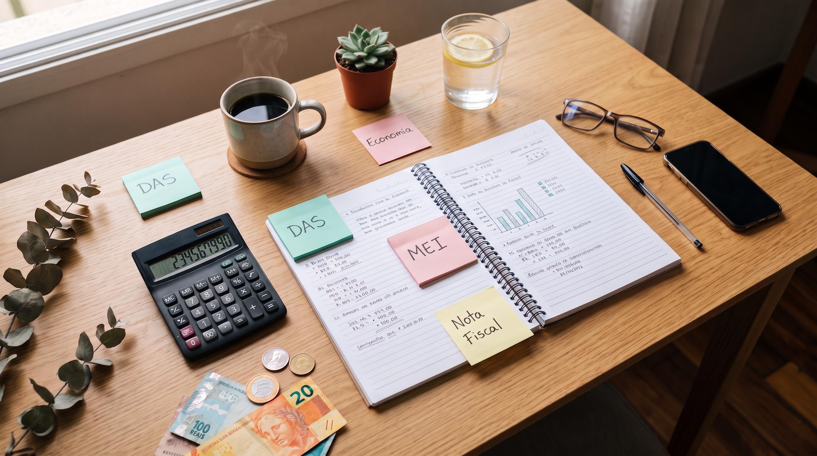Mesa de trabalho com calculadora, dinheiro e post-its de DAS, MEI e Nota Fiscal para organizar os impostos da PJ