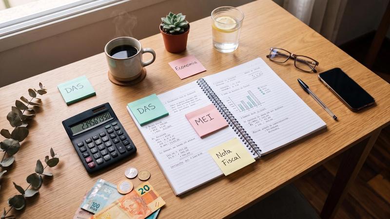 Mesa de trabalho com calculadora, dinheiro e post-its de DAS, MEI e Nota Fiscal para organizar os impostos da PJ