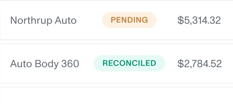 A receivables table showing a short-paid pending card payment and a settled ACH payment