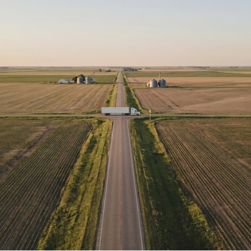 Aerial view of a semi-truck on a rural highway crossing farmland at dusk