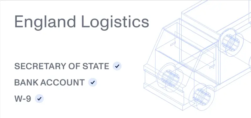 England Logistics vendor profile with state registration, bank account and W-9 verified