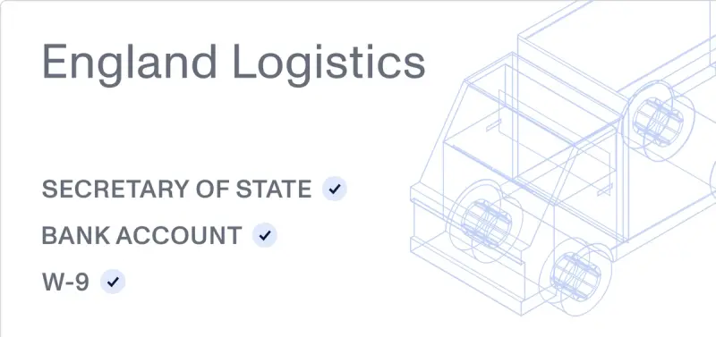 England Logistics vendor profile with state registration, bank account and W-9 verified