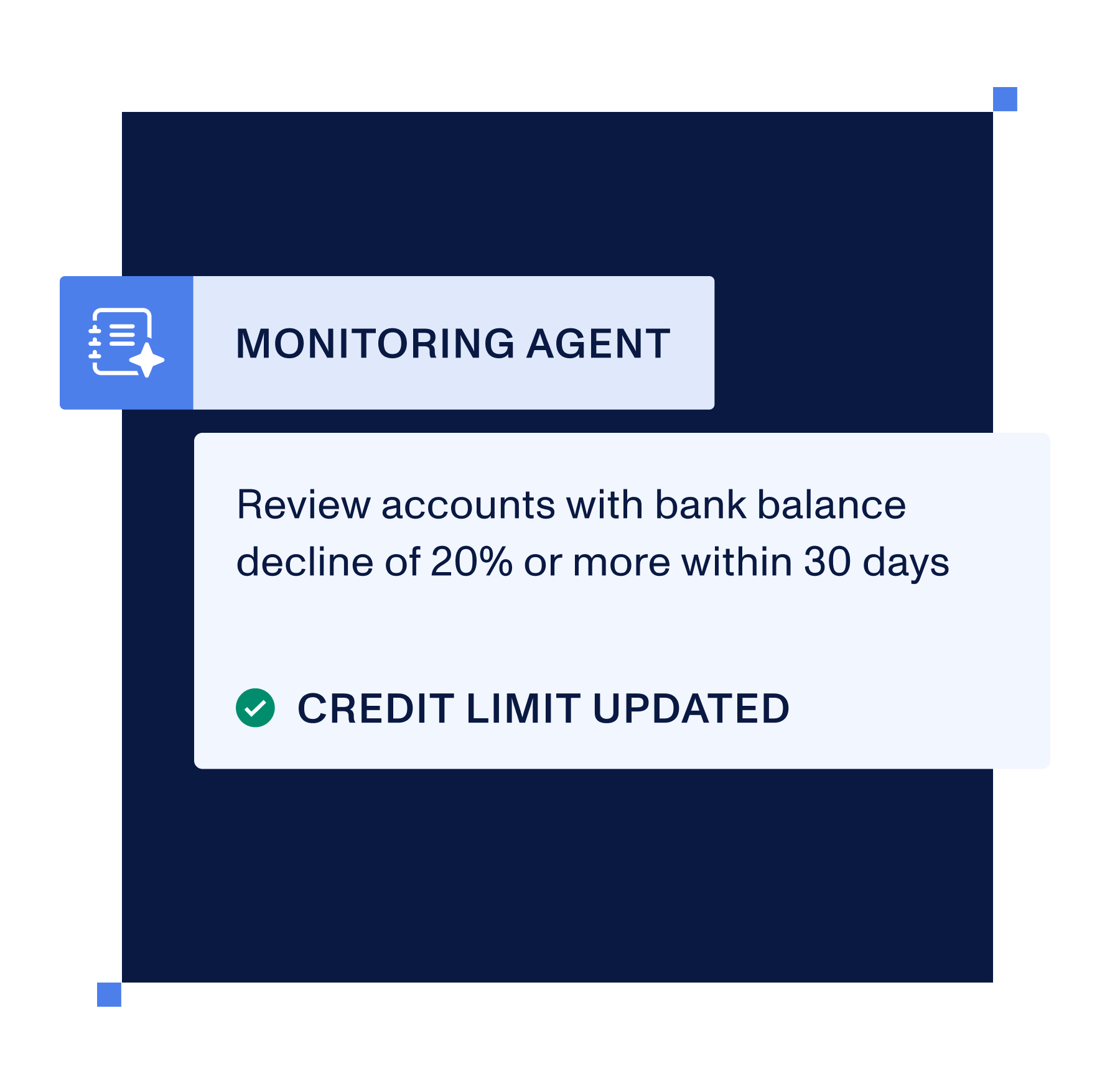 Monitoring Agent recommending action on a bank balance decline, credit limit updated