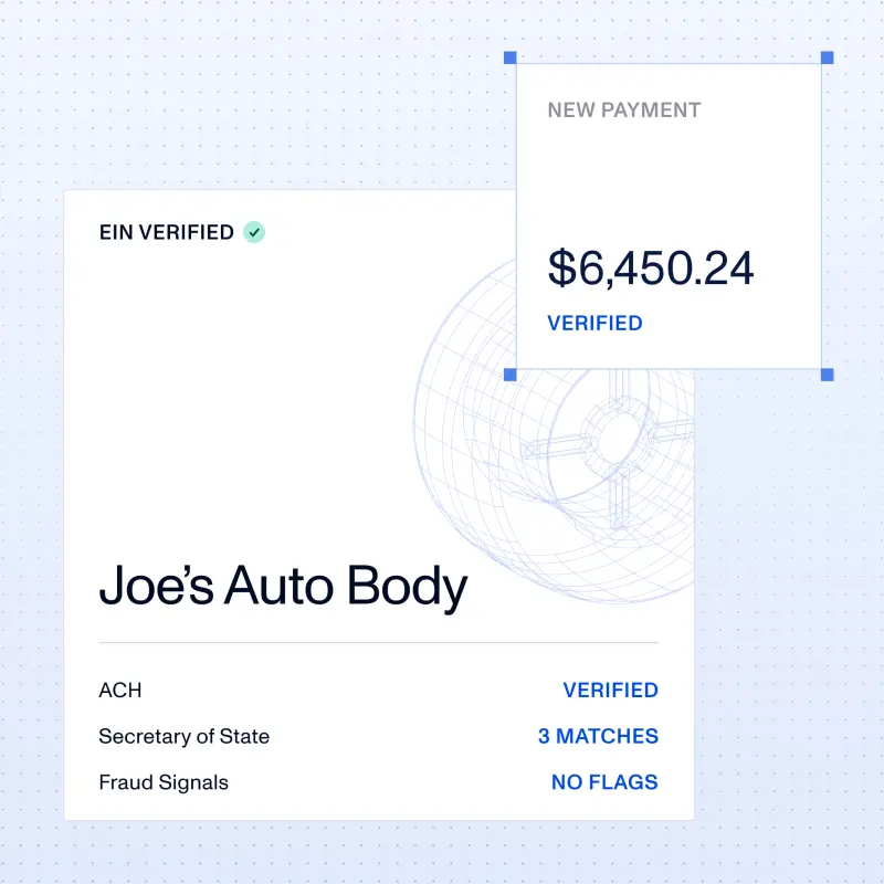Joe's Auto Body vendor record in Nuvo with EIN and ACH verified and a $6,450.24 payment verified