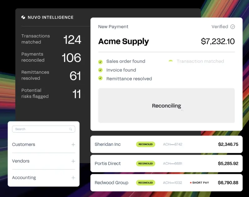 Nuvo Intelligence view of matched transactions, reconciled payments and flagged risks