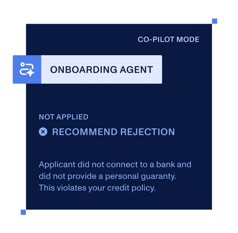 Co-pilot panel recommending rejection: no bank connected and no personal guaranty provided