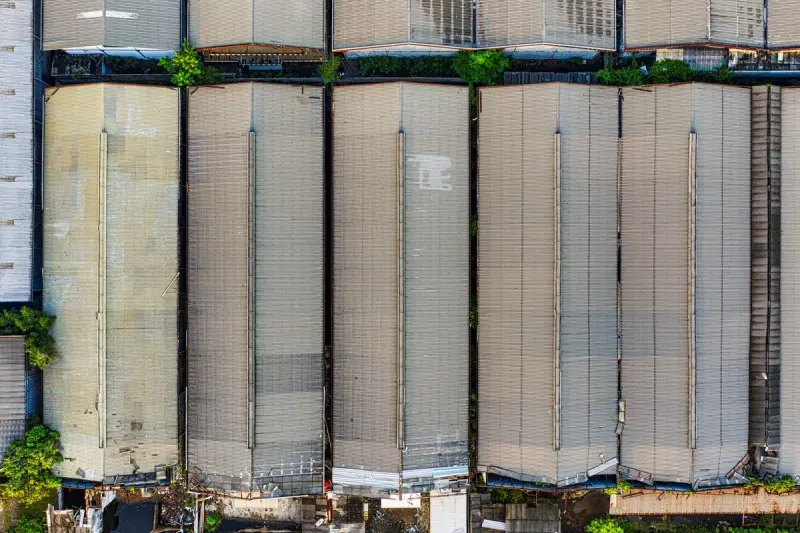 Aerial view of large warehouses in Jakarta