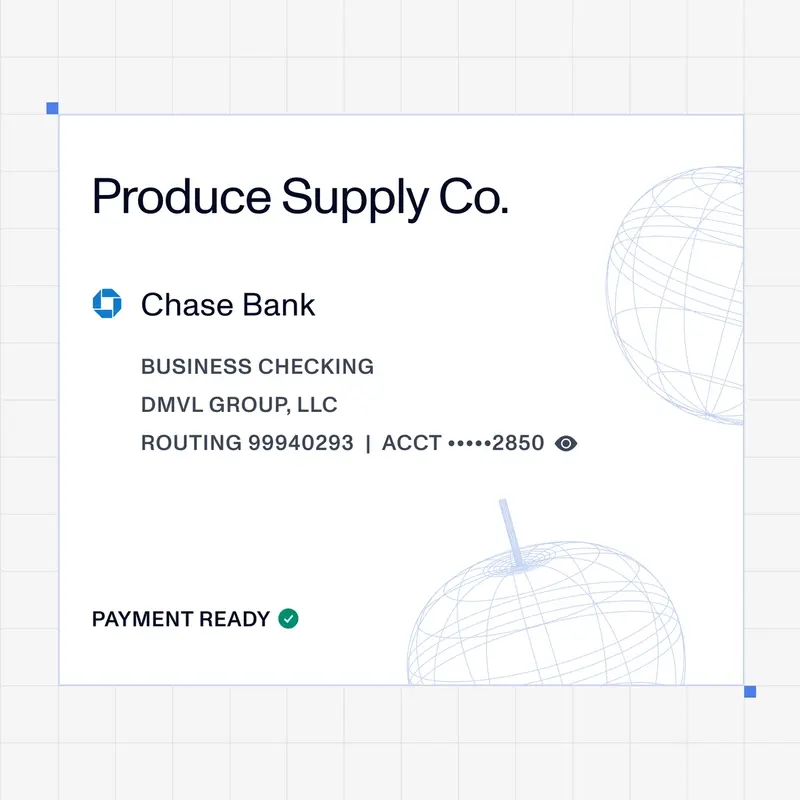 Produce Supply Co. vendor profile with a verified Chase business checking account, payment ready