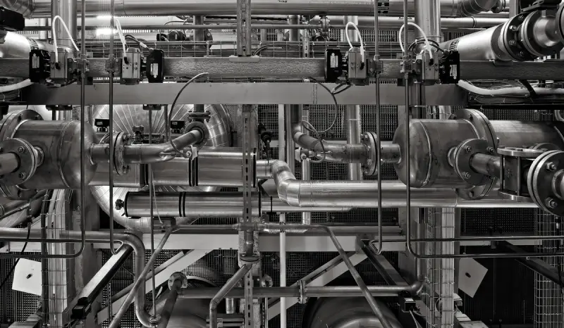 Black and white close-up of industrial pipes, valves and metal scaffolding