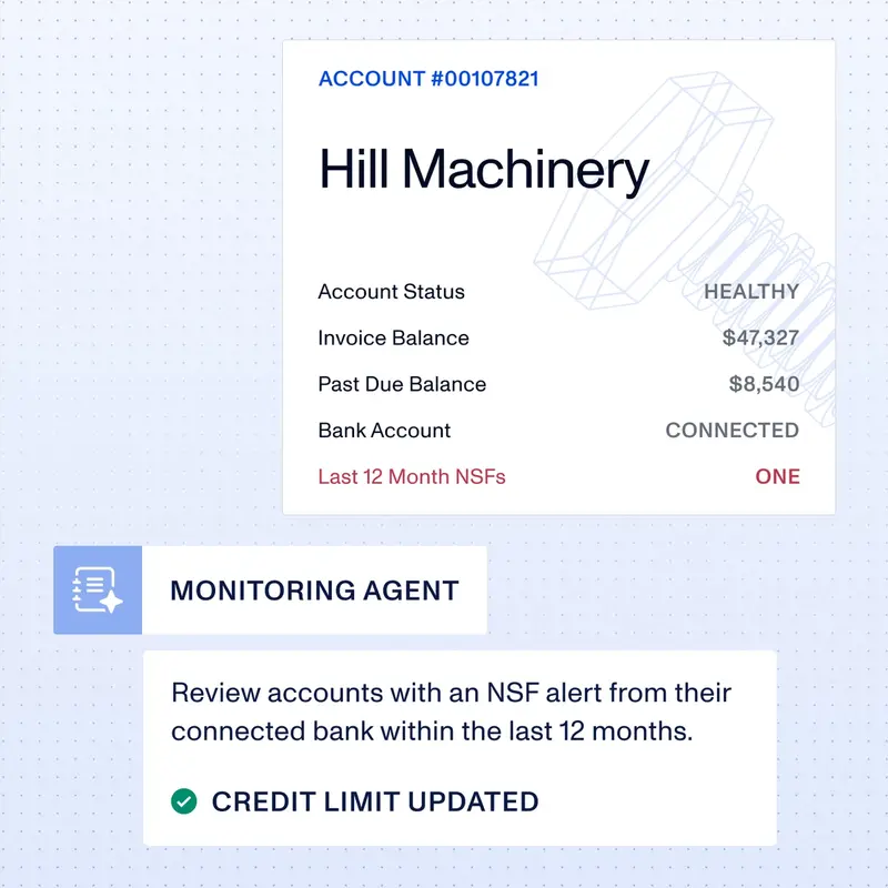 Portfolio Management dashboard with an account health card and a Monitoring Agent alert