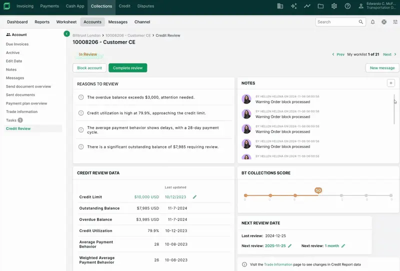 Billtrust credit review screen with account details, payment behavior and collections score