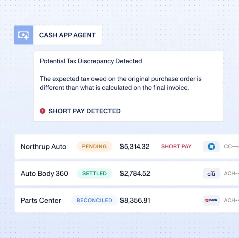 Nuvo Cash App Agent flagging a tax discrepancy and short pay above pending and settled payments
