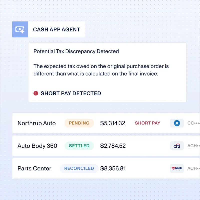 Nuvo Cash App Agent flagging a tax discrepancy and short pay above pending and settled payments