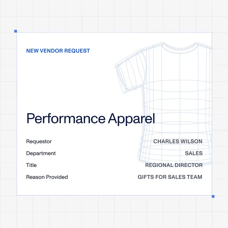 New vendor request for Performance Apparel with requestor, department, title and reason