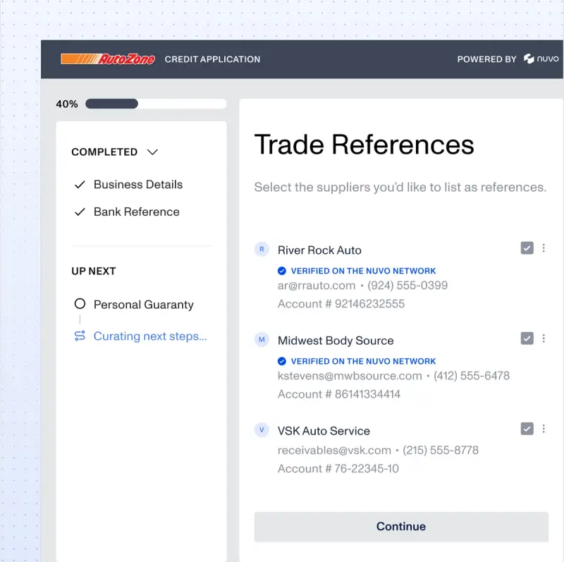 Nuvo credit application Trade References step with three suppliers verified on the network