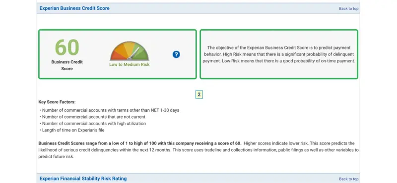 A sample of an Experian business credit report.