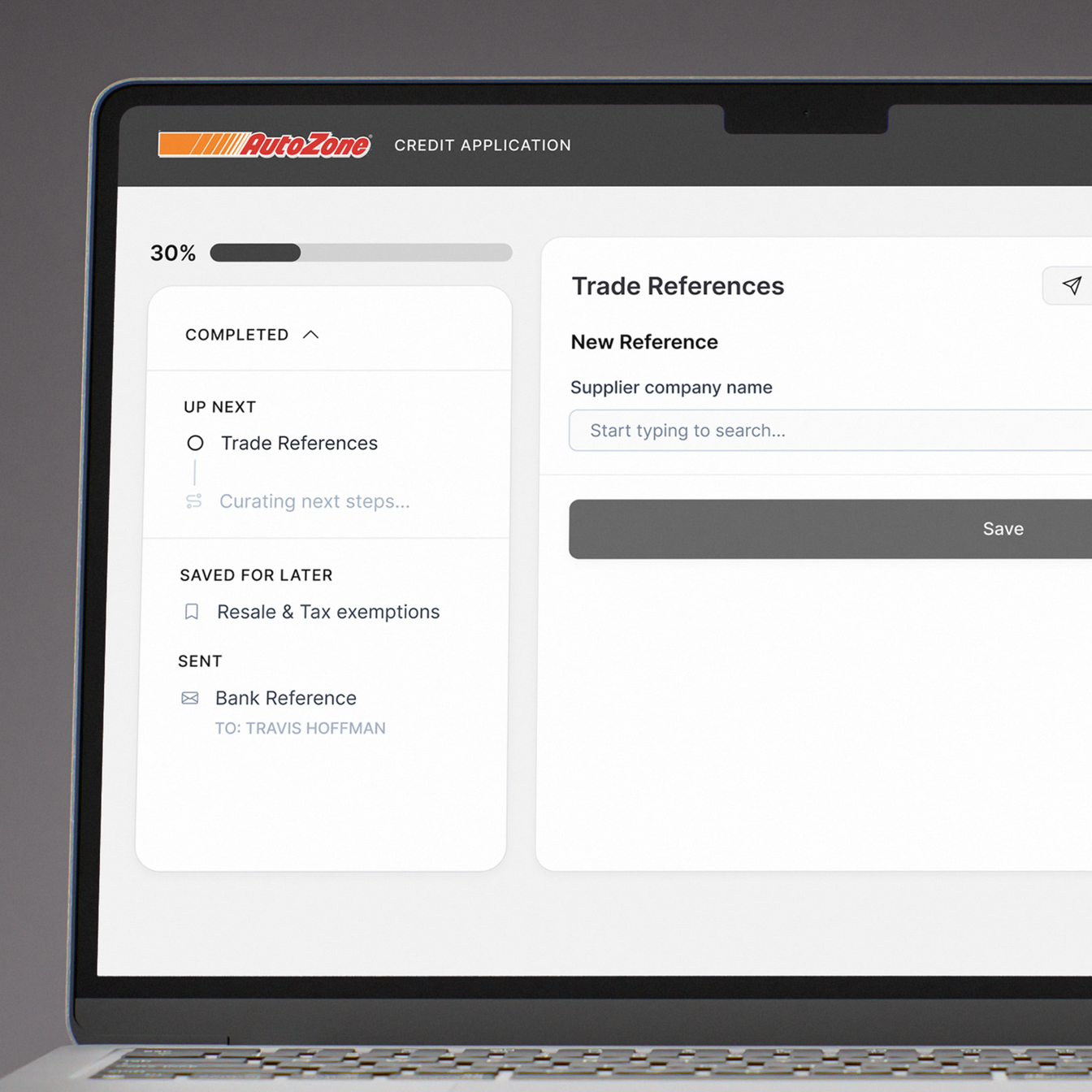 The Nuvo credit application open on a laptop, showing a Trade References step