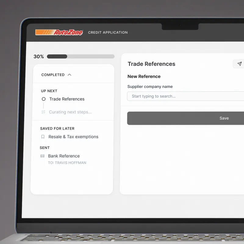 The Nuvo credit application open on a laptop, showing a Trade References step