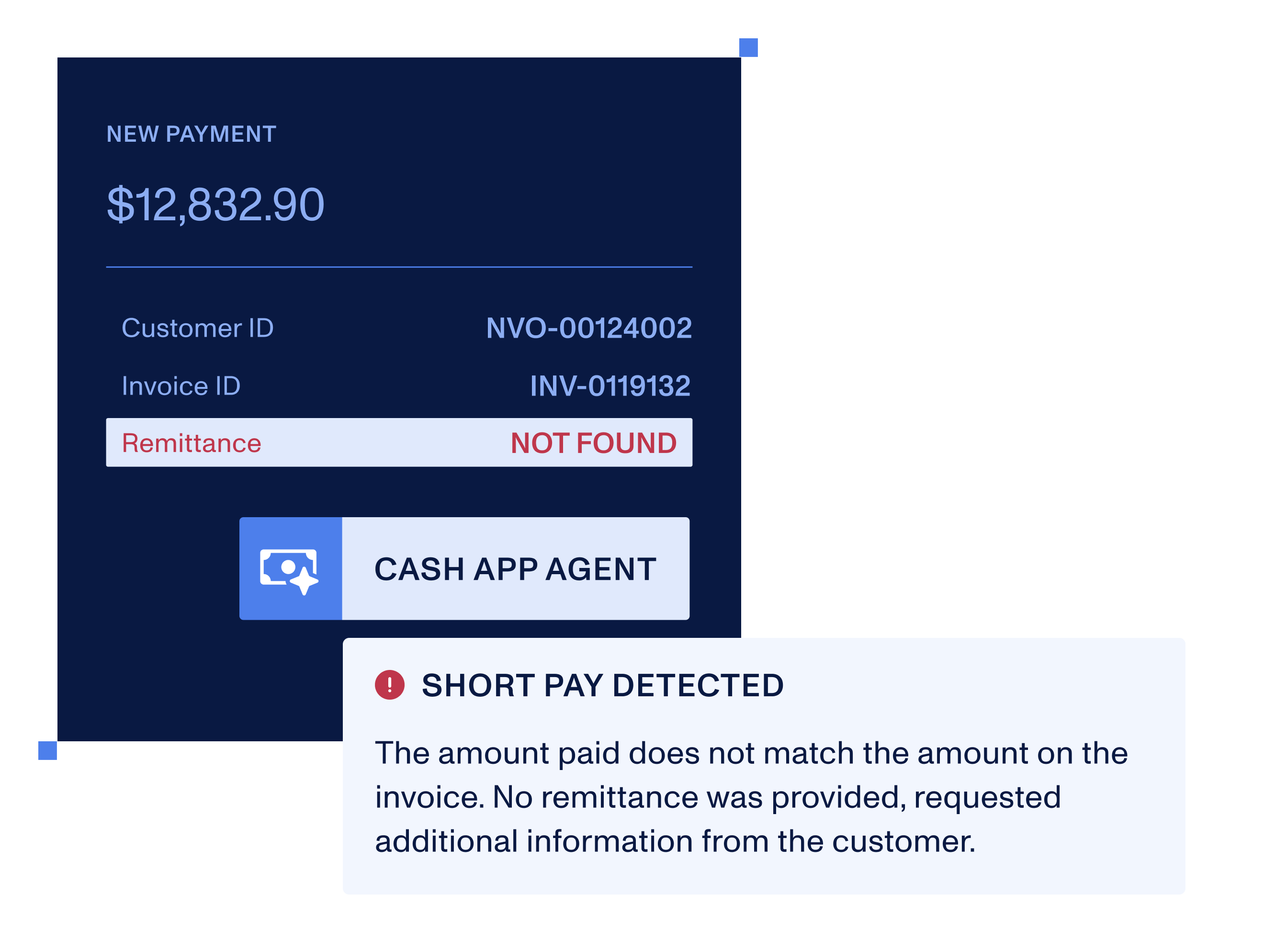 The Cash App Agent detecting a short-paid payment with no remittance and requesting additional information from the customer