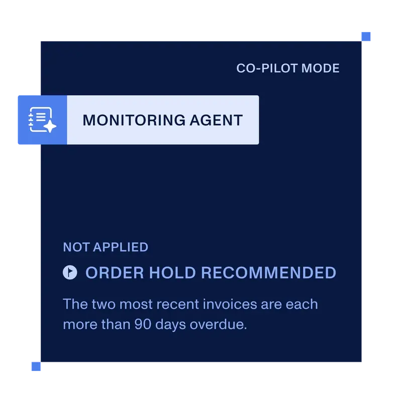 Co-pilot mode card recommending an order hold on two overdue invoices