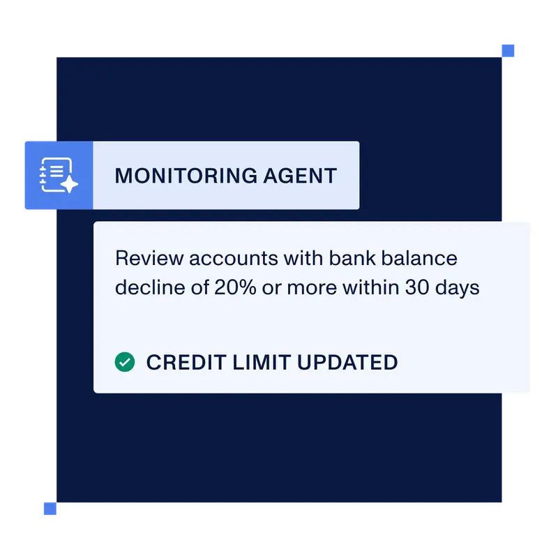 Monitoring Agent surfacing a bank-balance-decline recommendation with a credit-limit-updated confirmation