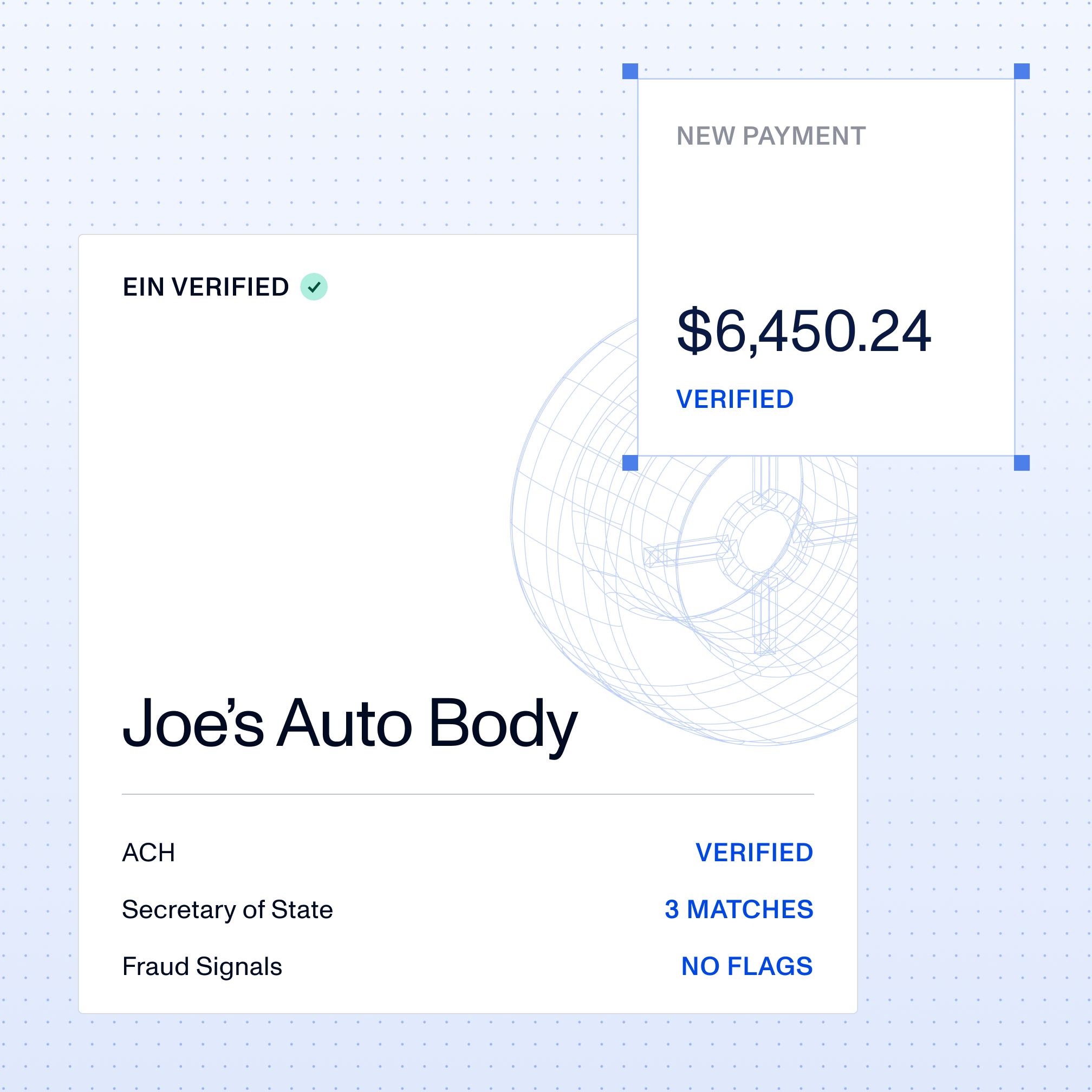 A Joe's Auto Body vendor record in Nuvo, EIN verified, with ACH verified, three Secretary of State matches, no fraud signals, and a new $6,450.24 payment marked verified
