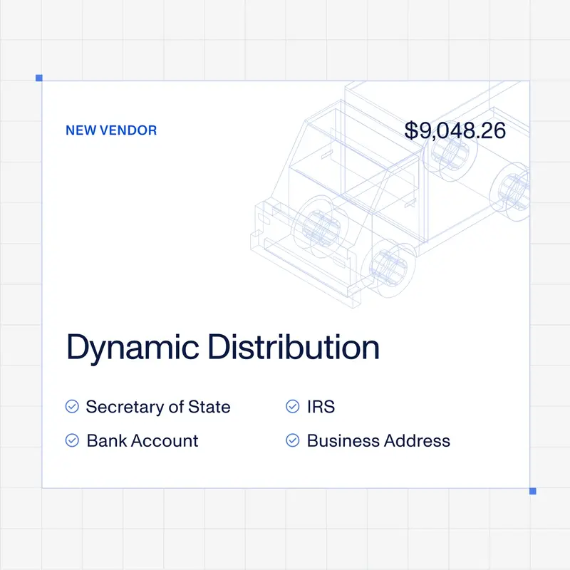 Dynamic Distribution vendor record showing verification checks passed for Secretary of State, IRS, bank account, and business address.