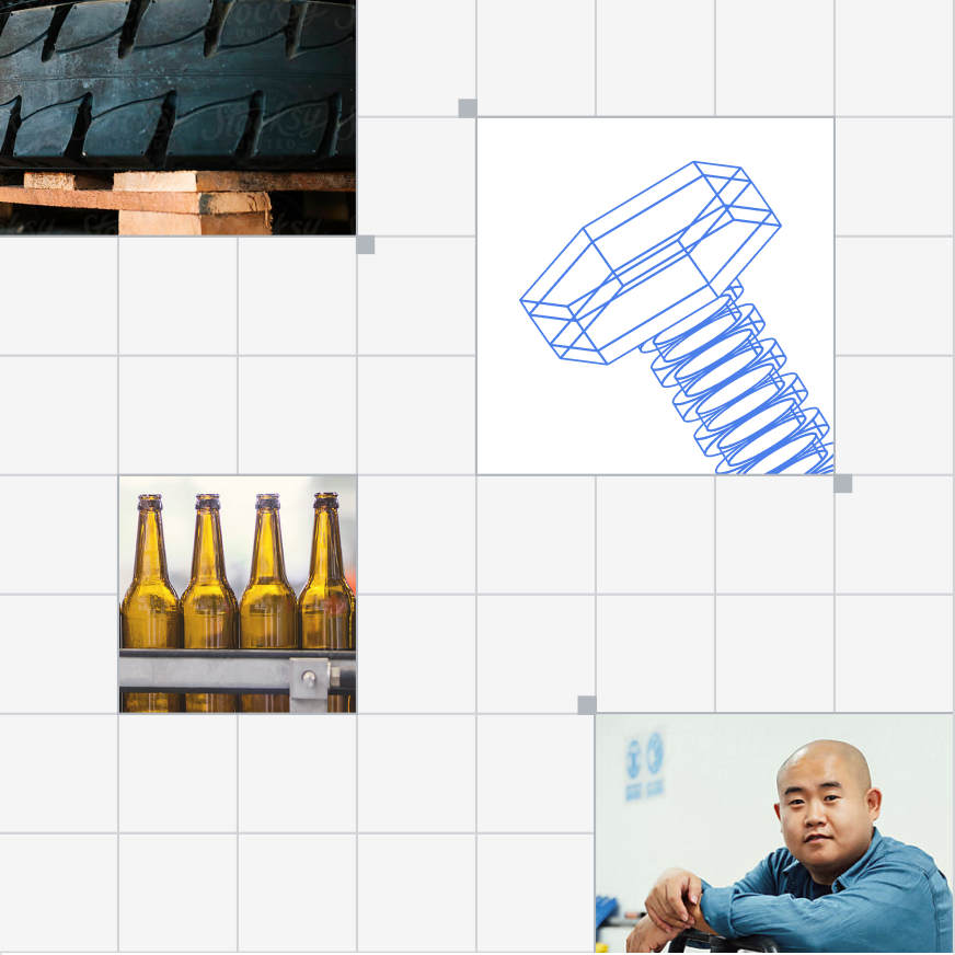 Grid collage of industrial products: tires, a wireframe bolt, glass bottles and a worker