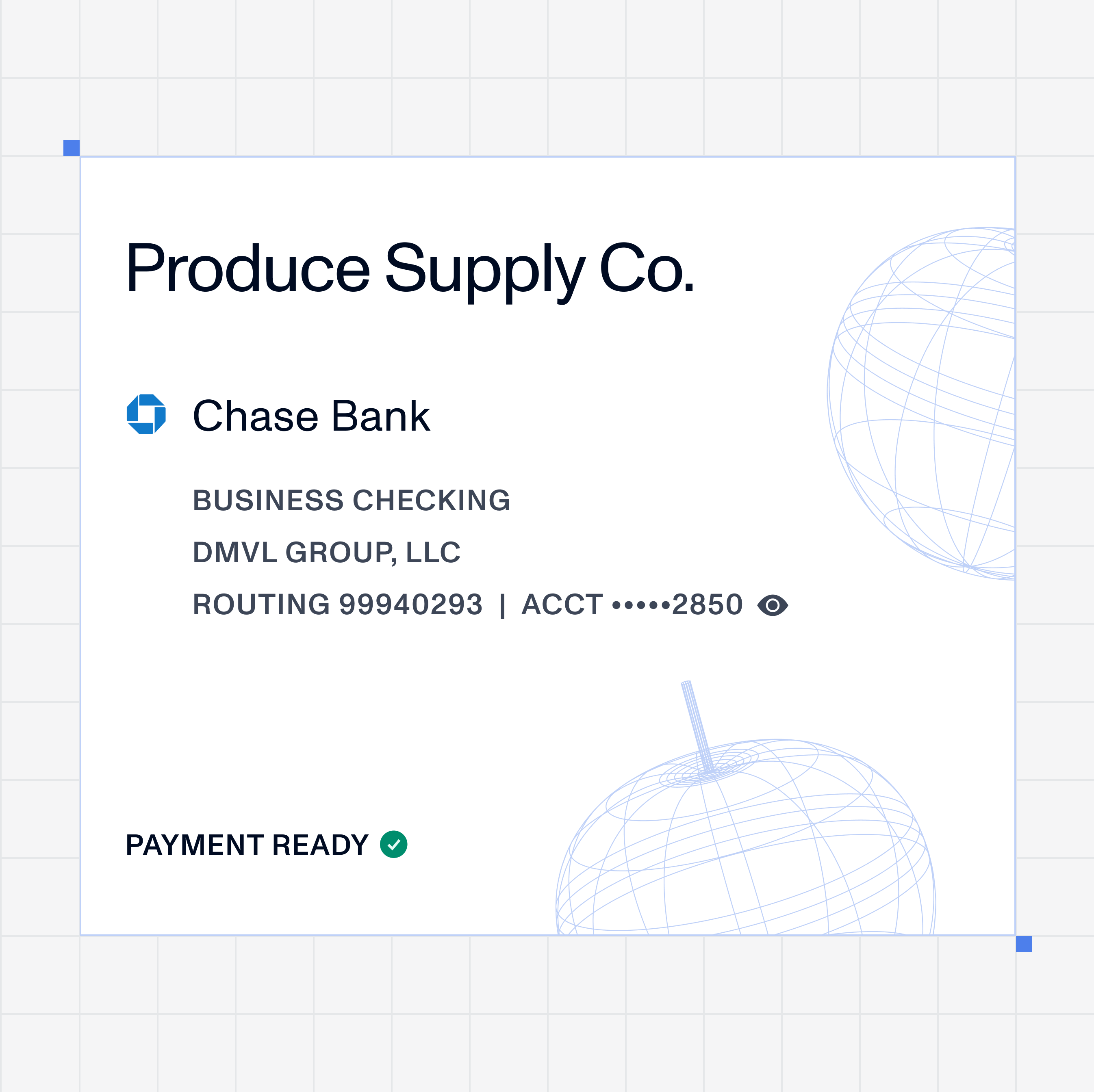 Produce Supply Co. vendor profile showing a verified Chase Bank business checking account marked payment ready.